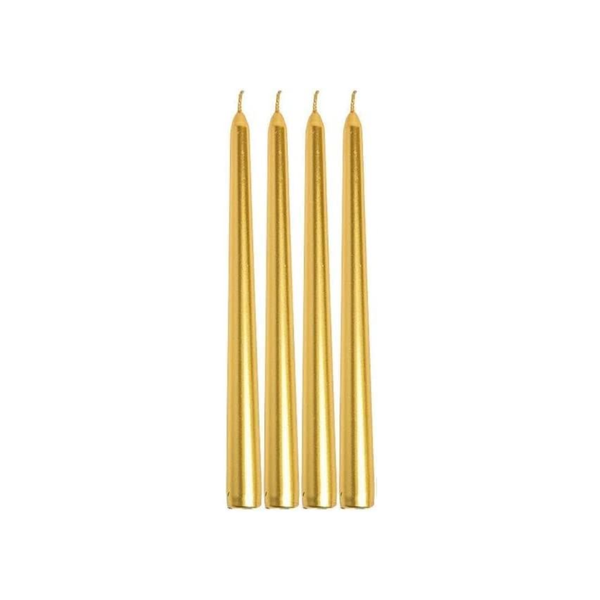 Four slim gold taper candles standing upright side by side on a plain white background.