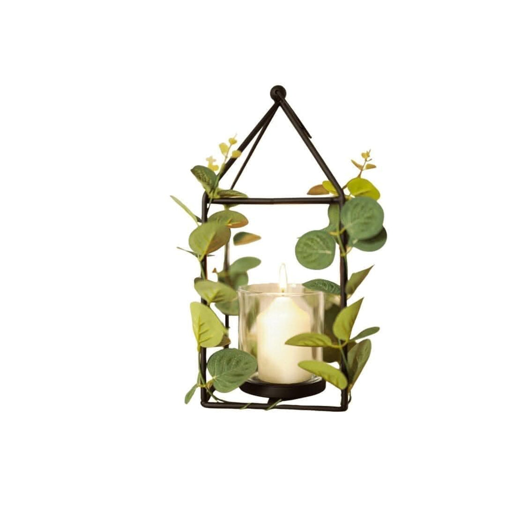 Black Metal Candle Holder with Faux Eucalyptus