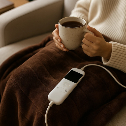 A person wrapped in a brown heated blanket while holding a mug, with a white remote control and power cord visible on the blanket.