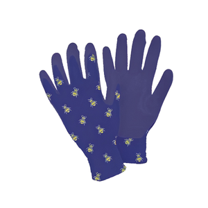 A pair of dark blue gloves with a repeating pattern of small yellow and black bees on the left glove, shown against a plain white background.
