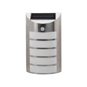 A modern solar-powered outdoor wall light with a brushed stainless steel body, white horizontal light panels, and a small motion sensor on the front, set against a plain white background.