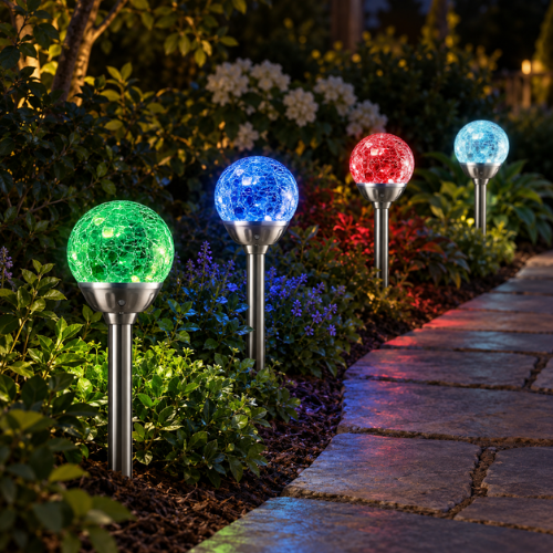 Four solar-powered garden path lights with crackle glass spheres in green, blue, red, and light blue, mounted on metal stakes along a stone pathway in a landscaped garden at night.