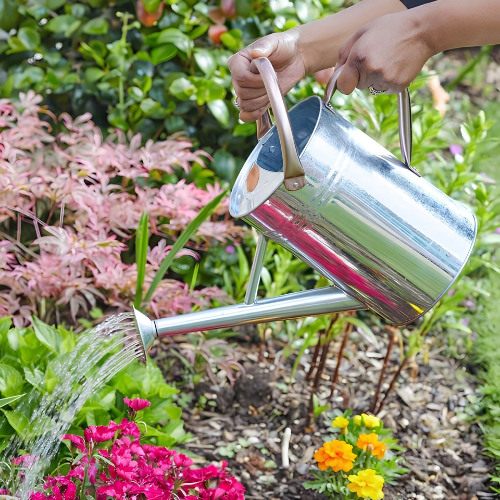 A shiny silver metal watering can with a long spout and handle, being held by hands and watering pink and yellow flowers in a garden.