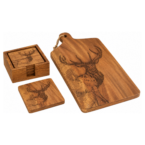 A wooden cutting board set with a large rectangular board, a square serving board, and a matching wooden box, all featuring an engraved deer head design on a white background.