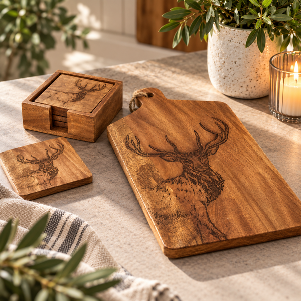 A wooden deer-themed cutting board and matching coasters arranged on a tabletop with plants and a candle in a warm indoor setting.