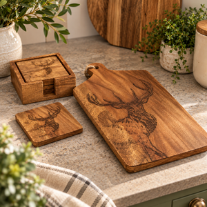 A wooden cutting board set with engraved deer designs, including a rectangular board, a square tray with a lid, and two coasters, arranged on a kitchen countertop with plants and home decor in the background.
