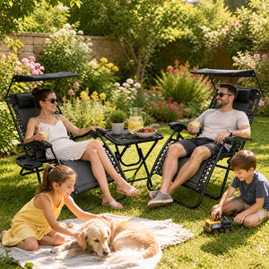 Set of 2 Black Folding Sun Loungers with Canopy and Drinks Table