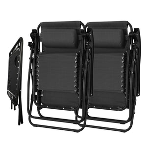 Set of 2 Black Folding Sun Loungers with Canopy and Drinks Table