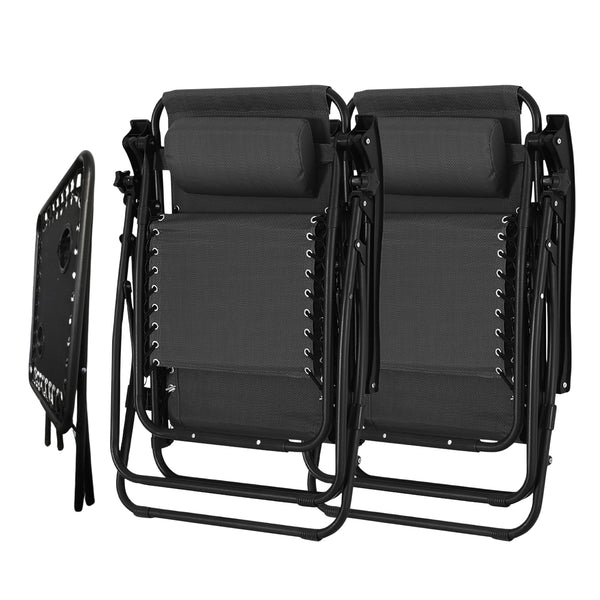 Set of 2 Black Folding Sun Loungers with Canopy and Drinks Table