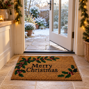 A rectangular coir doormat with 'Merry Christmas' printed in black, decorated with green holly leaves and red berries, shown at an open doorway leading to a snowy outdoor patio.
