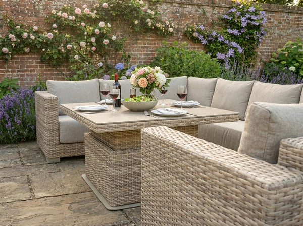 Outdoor corner sofa with adjustable table