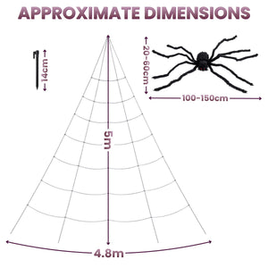 Approximate dimensions diagram for a spider web decoration, showing a large spider graphic labeled 100-150cm wide and 20-60cm tall, a small stake labeled 14cm, and a web cone labeled 5m high and 4.8m wide, with the heading 'APPROXIMATE DIMENSIONS' on a white background.