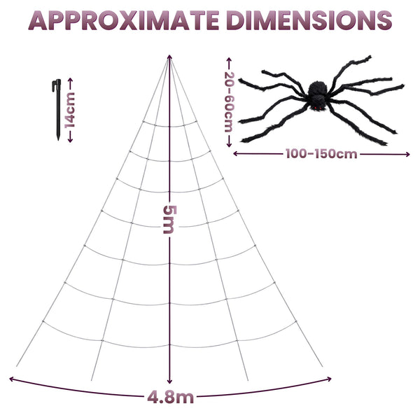 Approximate dimensions diagram for a spider web decoration, showing a large spider graphic labeled 100-150cm wide and 20-60cm tall, a small stake labeled 14cm, and a web cone labeled 5m high and 4.8m wide, with the heading 'APPROXIMATE DIMENSIONS' on a white background.