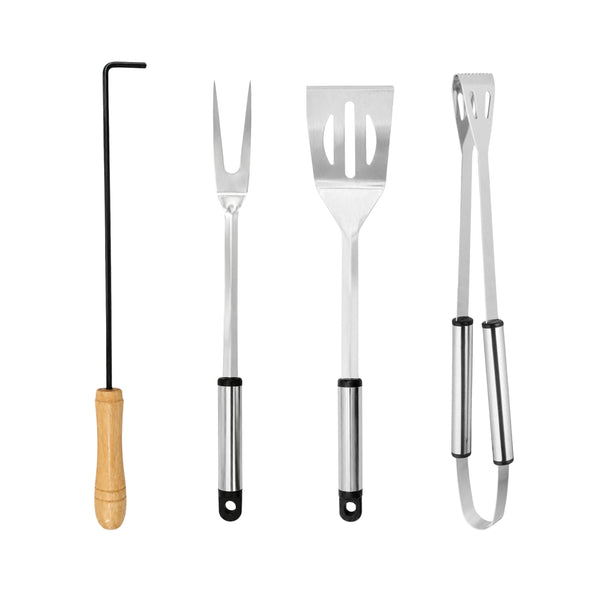 Set of four stainless steel barbecue tools with various handles on a white background