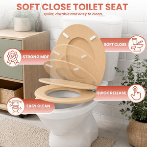 Wood effect toilet seat with chrome hinges and soft close
