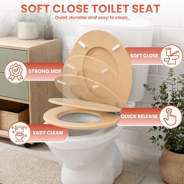 Wood effect toilet seat with chrome hinges and soft close