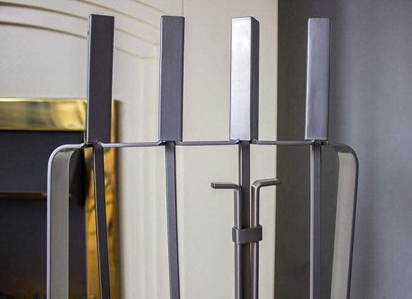 Contemporary fireplace tool set shown from front