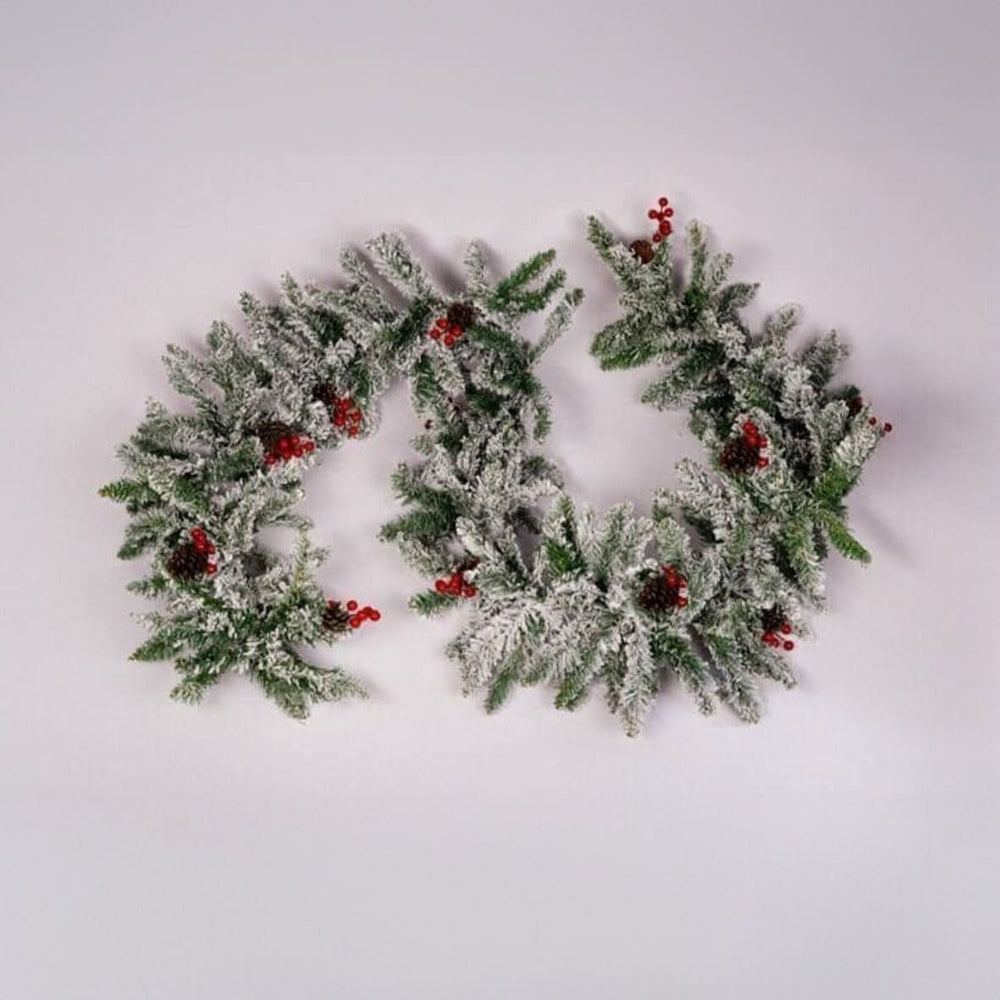 9ft snow dusted Christmas garland with red berries