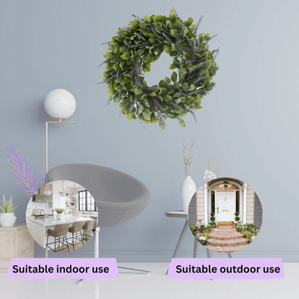 Round lavender garden wreath displayed outdoors