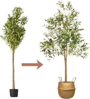 Faux olive tree with woven basket