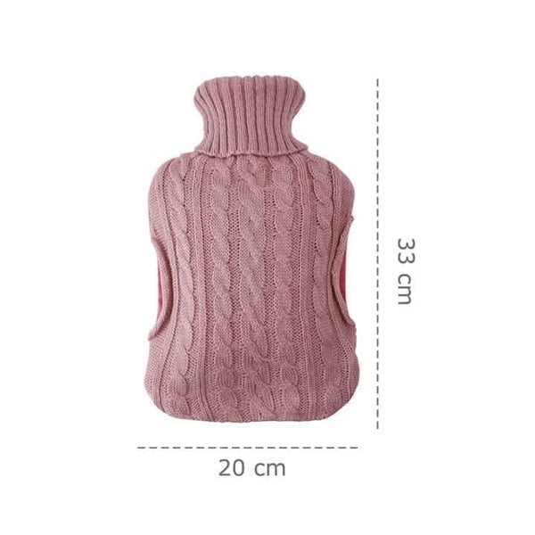 Pink knitted hot water bottle with dimensions on a white background
