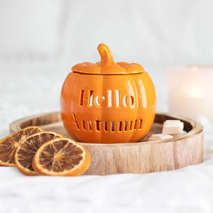 Pumpkin oil burner arranged with seasonal decorations
