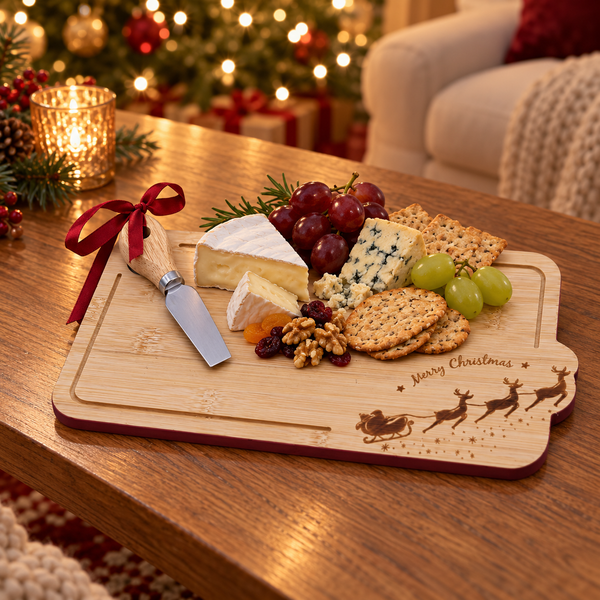 A wooden Christmas charcuterie board with engraved reindeer and 'Merry Christmas' text, styled with cheese, crackers, grapes, and a knife on a wooden table in a cozy holiday living room setting.
