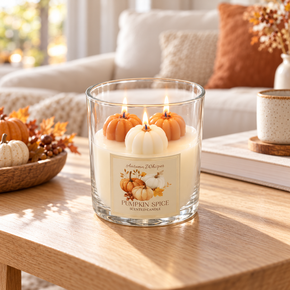 A lit scented candle in a clear glass jar sits on a wooden table in a cozy living room. The candle has cream wax, two small orange pumpkins, and one small white pumpkin on top, with a front label reading 'Autumn Whispers' and 'Pumpkin Spice Scented Candle.
