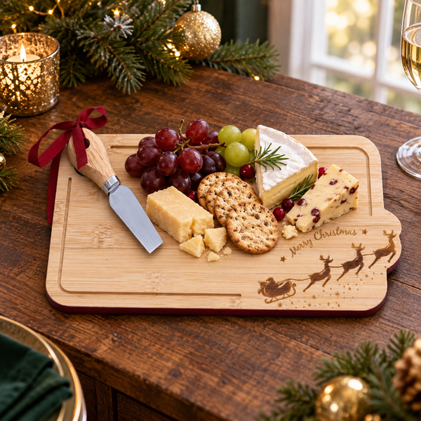 A rectangular wooden charcuterie board with a holiday engraving of Santa in a sleigh and the words 'Merry Christmas,' styled on a dark wooden table with cheese, grapes, crackers, and a small knife. Christmas greenery, lights, ornaments, and a candle are visible in the background.