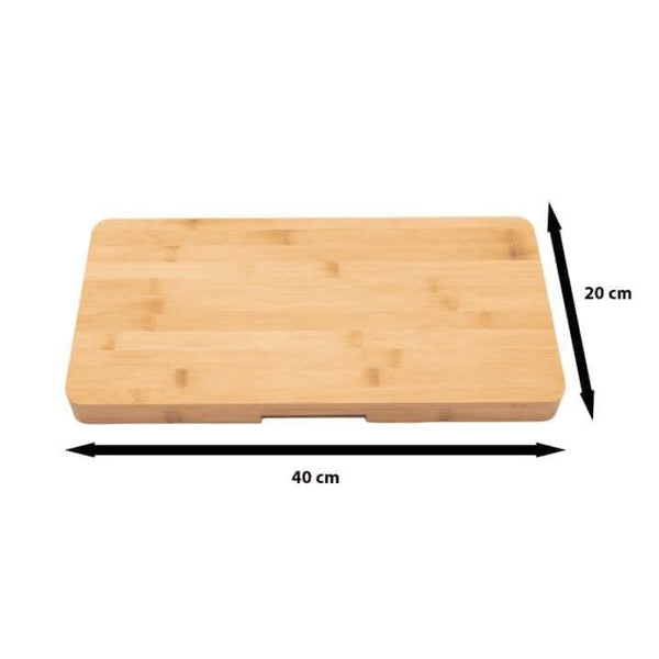 Wooden cutting board with measurements on a white background