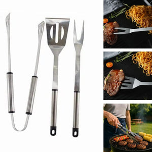 Barbecue grilling tools including fork tongs and spatula