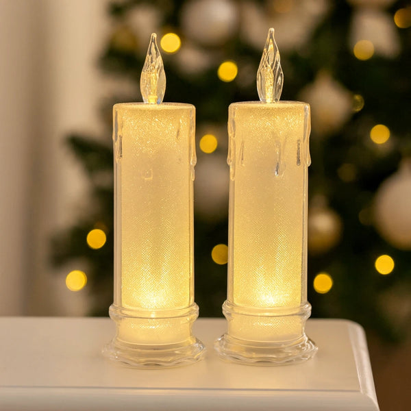 Flickering LED acrylic candle shown illuminated