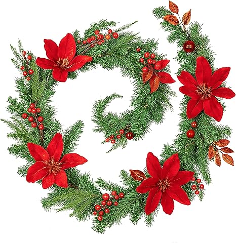 Battery powered Christmas garland with red flowers