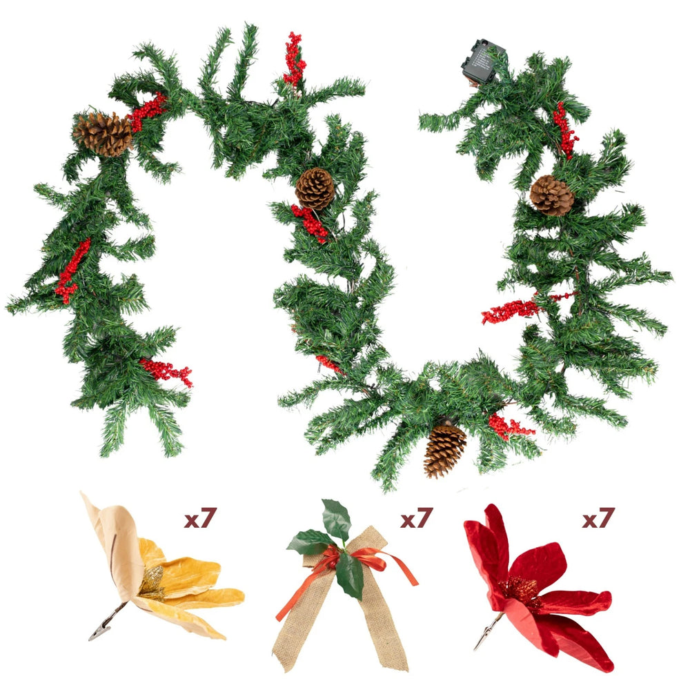 9ft pre lit Christmas garland with red and gold flowers