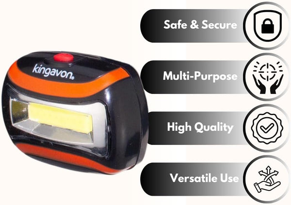 Battery powered head torch with three light modes