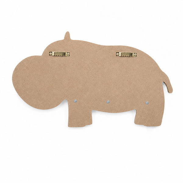 A flat, hippo-shaped tan board or plaque with two metal hanging clips on top and small metal rivets, shown on a plain white background.