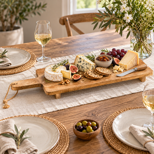 Large wooden serving board displaying cured meats, cheese, grapes, bread and olives on a dining table.