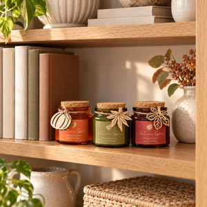 Three amber glass jars of 'Autumn Spice' scented candles with cork lids are arranged on a wooden shelf next to books and a ceramic vase.