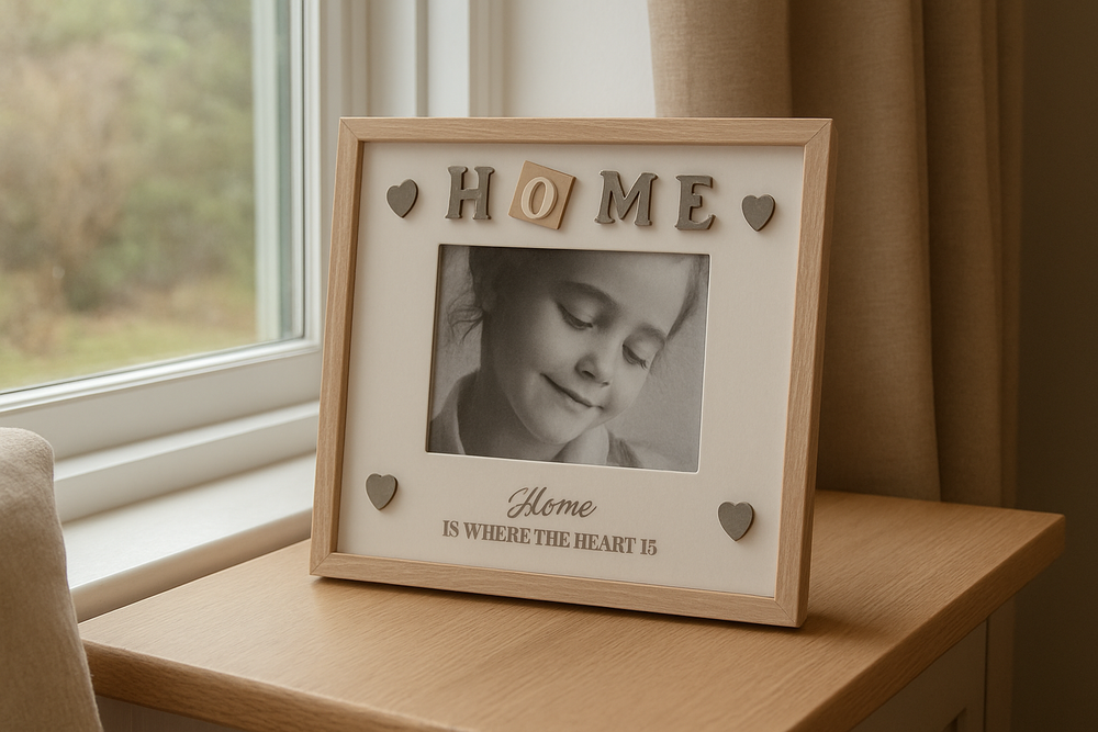 Wooden photo frame with a child's picture and 'HOME' text on a wooden surface near a window.