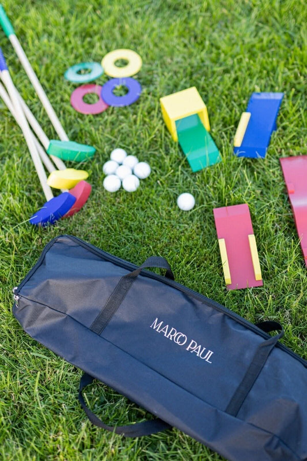 wooden golf set with clubs balls and ramps