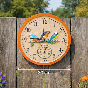 Weatherproof outdoor wall clock with perched bird