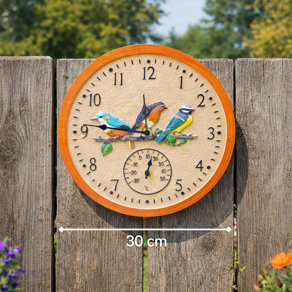 Weatherproof outdoor wall clock with perched bird
