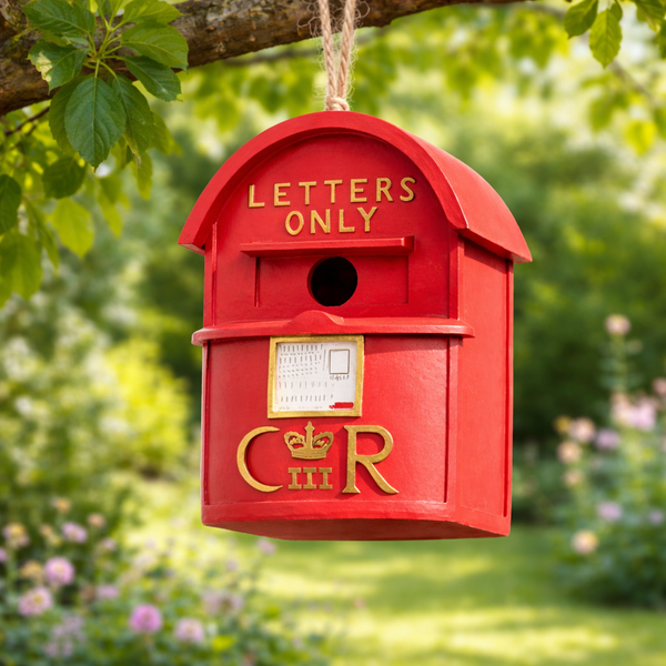Decorative red bird house displayed outdoors