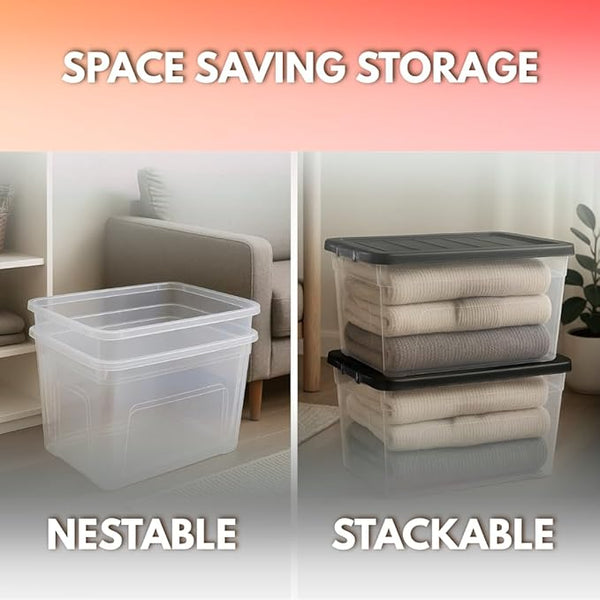 Two storage containers labeled 'Nestable' and 'Stackable' with text 'Space Saving Storage' on a gradient background.