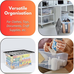 Versatile storage containers for clothes, toys, documents, and craft supplies with text on an orange background.