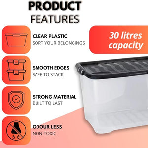 Storage container with features listed on a white background