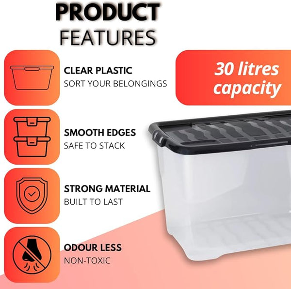 Storage container with features listed on a white background