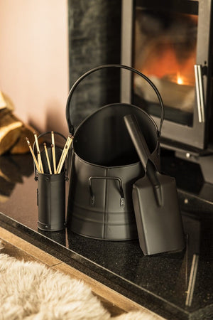 Black fireside coal bucket shovel and match canister set