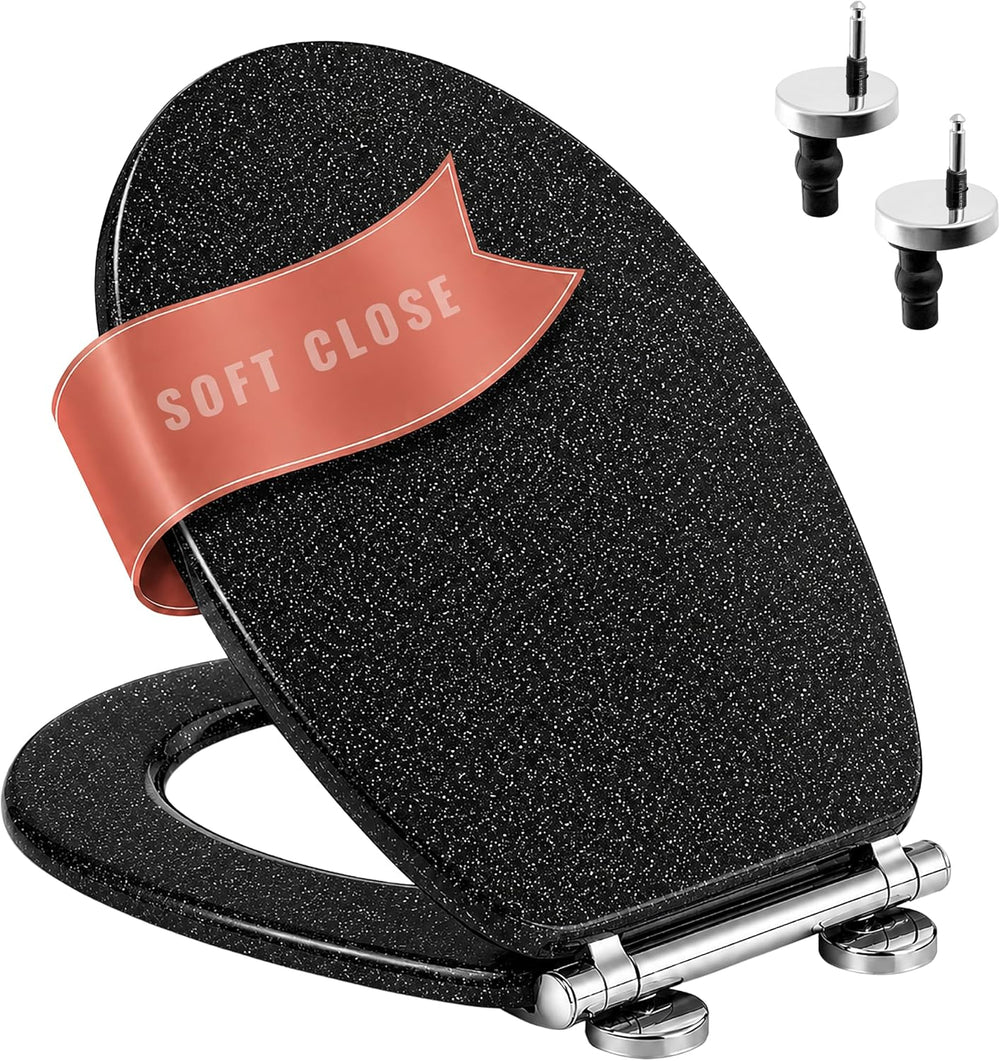 Black glitter MDF toilet seat with chrome hinges.