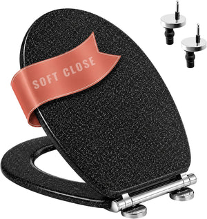 Black glitter MDF toilet seat with chrome hinges.